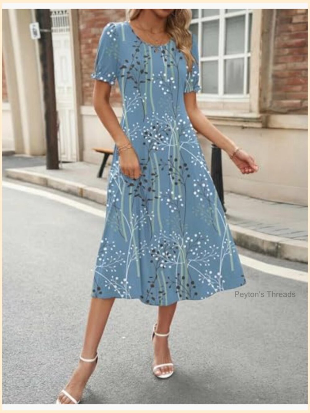 Women's Casual Midi Dress with Puff Sleeves, Pleated Flowy Sundress with - Picture 6 of 7